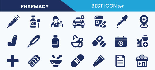 Best solid icon set collection for pharmacy. Medicine, bandage, medicine, pill bottle, capsule, syrup, syringe and vector illustration.