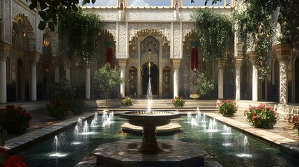 Obraz premium A dais in a palace courtyard surrounded by fountains