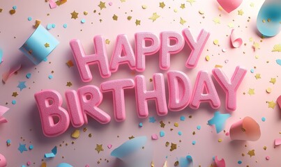 3D pink metallic 'Happy Birthday' text set against a pastel backdrop, with confetti and subtle lighting effects, Generative AI