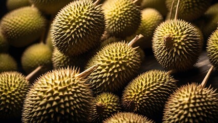Fototapeta premium Exploring the variety of tropical fruits including durian, jackfruit, and citrus in a vibrant market setting Generative AI