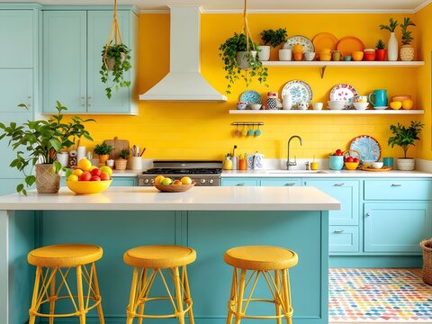 Bright dopamine kitchen interior design