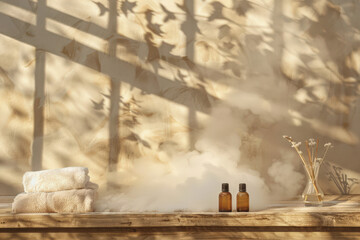 Steam and essential oils on wooden bench with soft light