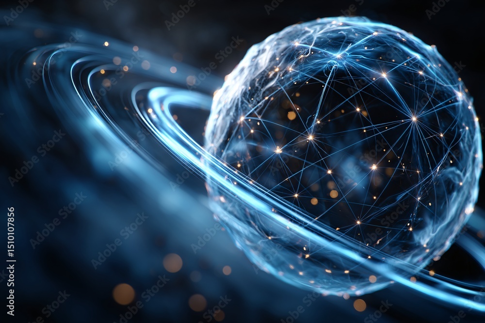 Poster connected world: an intricate network of data streams, swirling around a glowing sphere, symbolizing