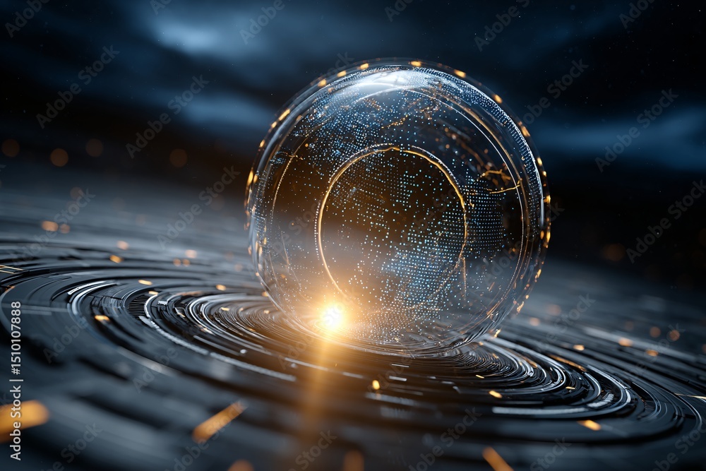 Poster sphere of innovation: a mesmerizing orb of intricate digital design, showcasing a convergence of tec