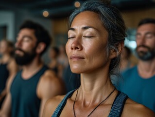Inner Peace in Practice: Capturing a moment of profound calm during a mindfulness session, amidst the tranquil ambiance of a meditation class. It captures the serenity of a person, with eyes closed.