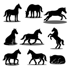 A collection of eight black horse silhouettes in various poses on a white background