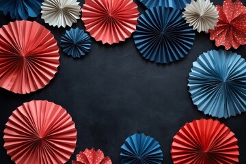 Obraz premium patriotic backdrop featuring red, white, and blue paper fans on a black background, with ample copy space, Generative AI
