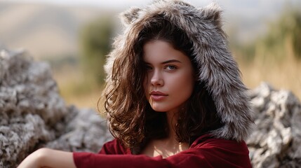 Enigmatic Beauty: A woman with a thoughtful gaze framed by a charming furry hood, in a natural setting of blurred rocks and wild open landscape.