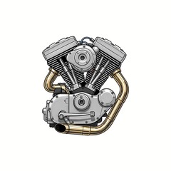 A fictional cartoon caricature illustration of a chrome motorcycle engine isolated against a white background. bike, part, isolated, mechanical, drawing, artwork, metal, design, white background, rev