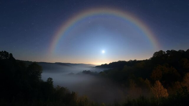 Nighttime Fog Bow Over Forest Hills Illuminated by Moonlight