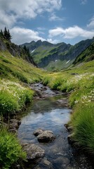 Mountain Stream Serenity: A tranquil mountain stream reflects the sky and surrounding peaks, winding its way through a vibrant meadow dotted with wildflowers.