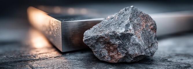 Raw tin ore contrasts with polished tin sheets in a refined display of metal