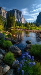 Serene Mountain Vista: A breathtaking view of majestic mountains reflected in a tranquil river, with lush green vegetation in the foreground and a bright blue sky above.