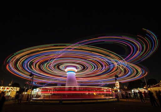 Long exposure circular light patterns created by spinning carnival ride against dark night sky at summer fairground