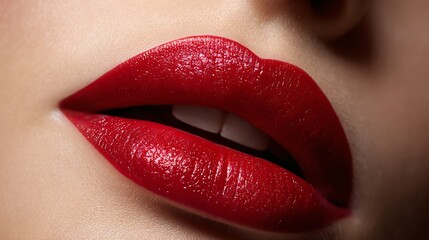 Red lips: A close-up shot showcases a woman's perfect, full lips painted with vibrant red lipstick, accentuating the natural beauty in a photorealistic style.