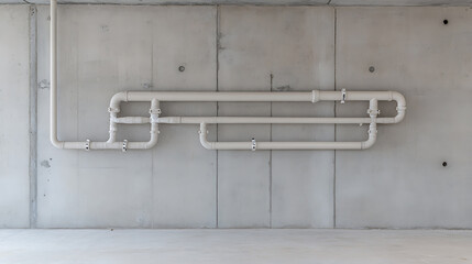 Concrete wall with pipes, industrial aesthetic.  A functional and minimalistic look.  Architectural detail for a modern building interior.