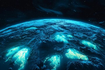 Obraz premium Vivid ocean waves illuminated by a bright azure celestial body at night