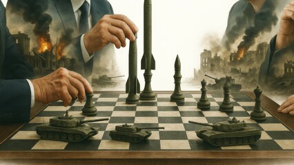 Strategic military moves in a game of chess amid devastation and chaos