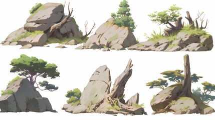 Anime illustration of six intricately detailed forest terrain assets unique tree rock combinations white background.
