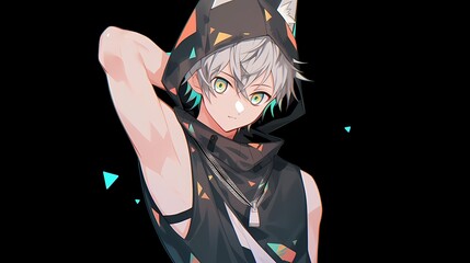Young anime boy, gray hair, green eyes, black hood, animal ears, gazing.