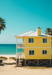 Fototapeta premium Seaside Yellow House Vacation Rental 2025-05-18 - Coastal dream home, beach vacation, summer getaway, tranquil escape, seaside paradise