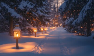 serene snowy meadow with glowing lanterns placed at intervals along a frosted pathway, surrounded by tall evergreens, Generative AI