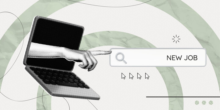 Trendy Halftone Collage Hand from computer monitor screen points to search bar. Online hiring job. Career training. Job vacancy open. Seo management. Contemporary vector illustration art