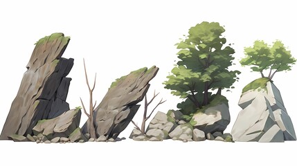 Four distinct rock formations with sparse greenery on white background