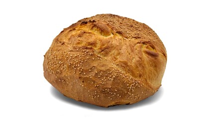 Photo of a golden brown round loaf of freshly baked sesame bread with a crusty exterior, isolated on a white background.