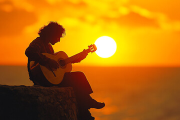 A flamenco guitarist sitting and playing passionately silhouette