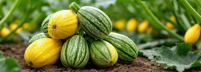 Fresh summer squash pyramid with sunlit fields ripe for harvesting