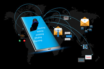 Concept of cyber attack. Smartphone and Computer Cybersecurity.