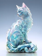 Cat, intricate fractal patterned fur, reflective surface, gradient ocean blue background, magical aura.