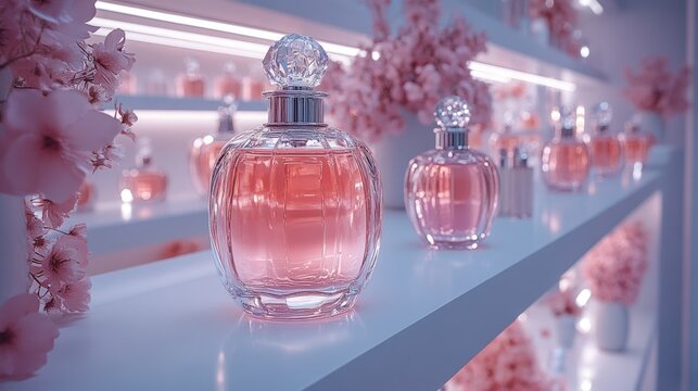 Pink perfume bottles on shelves with flowers