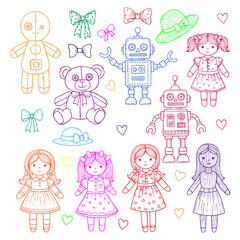 Charming Hand Drawn Kid Doodle Collection Featuring Cute Dolls Robots Teddy Bear Bows Hats and Hearts in Colorful Chalk Style Vector Illustration Perfect for Children Themes Crafts and Nursery Decor

