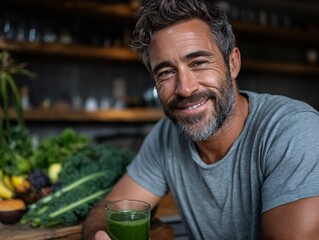 Healthy Lifestyle: A smiling man enjoys a green smoothie in his kitchen, surrounded by fresh produce.  He embodies health, vitality, and well-being.