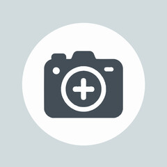 Camera Icon with Plus Sign Inside Circle - Flat Vector Symbol

