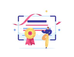 certification concept. certificate from training, seminar, workshop, course. graduation certificate. proof document and award. illustration of a man getting e-certificate and medal. flat style design