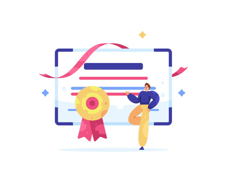 certification concept. certificate from training, seminar, workshop, course. graduation certificate. proof document and award. illustration of a man getting e-certificate and medal. flat style design