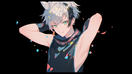 Young male anime character with green eyes, colorful patterned top, unique cat ears hairstyle, black background, portrait