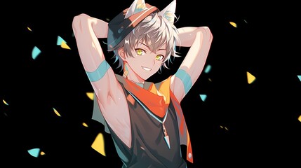 Young male anime character with grey hair, animal ears, portrait illustration
