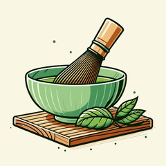 Matcha Bowl with Bamboo Whisk and Tea Leaves - Vector Flat Illustration

