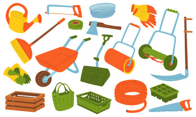 set of gardening tools. Flat color illustration. Watering can, gloves, scythe, wheelbarrow. Gardening tools. Seasonal work. product for agricultural crops. Suitable for ecology, garden, household
