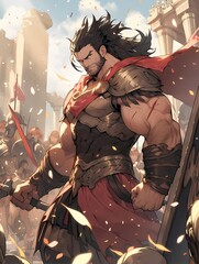 Muscular warrior in ancient armor with sword and shield, cityscape background.