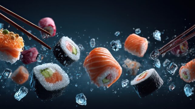 Assorted Sushi Falling in Mid-Air with Splashes and Motion Blur