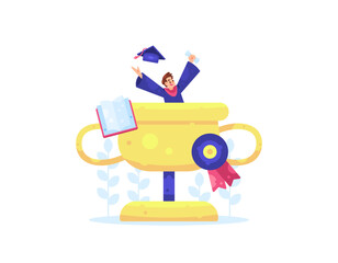 illustration of a happy male graduate who successfully graduated and became a champion. getting a trophy. graduation concept. graduation attire. education, awards and achievements. flat style