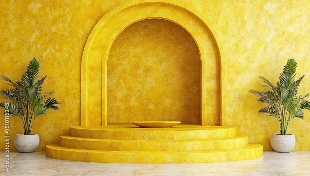 Poster geometric shapes beautify the scene with a gold pedestal spanning two floors and a circular back wal
