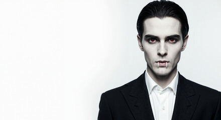 Young man dressed in suit with vampire makeup against white background  