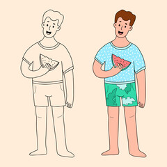 Happy Man Beachgoer with Watermelon. Male Character Beach. Isolated Color and Outline linear hand drawing. Vector illustration