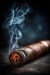 Intricate smoke patterns rise from a lit Cuban tobacco cigar in a dimly lit space